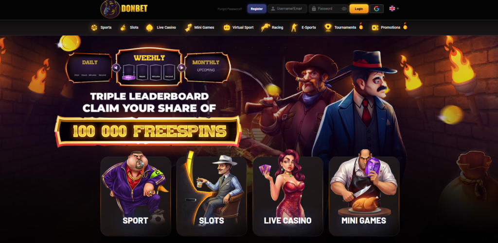 DonBet homepage displaying casino and sportsbook sections with Italian mafia theme