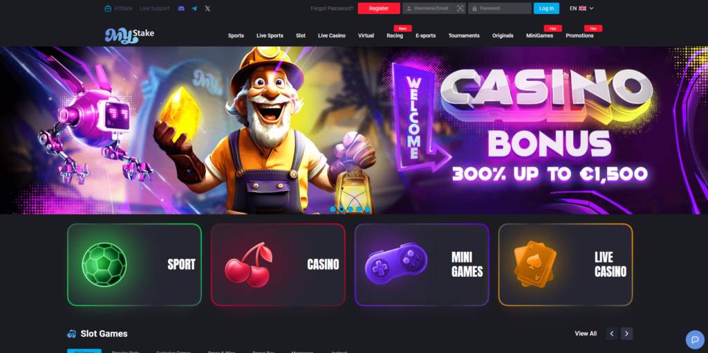 MyStake homepage interface showing casino and sportsbook navigation