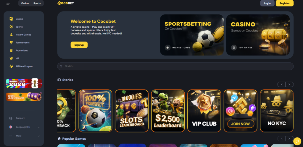 CocoBet homepage showing crypto casino interface and game categories