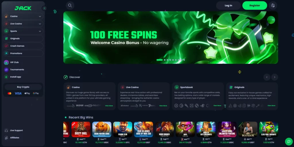JACK casino homepage showing crypto sportsbook and casino interface